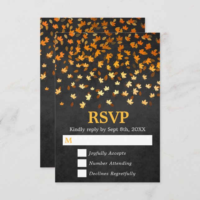 Autumn Leaves Gold and Black Grunge Wedding RSVP Card (Front/Back)