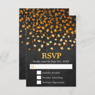 Autumn Leaves Gold and Black Grunge Wedding RSVP Card