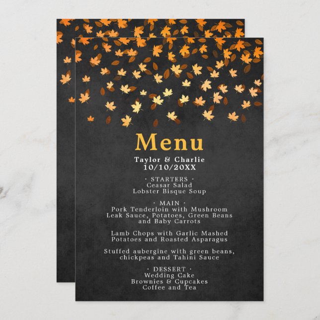 Autumn Leaves Gold and Black Wedding Menu (Front/Back)