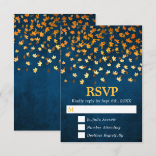 Autumn Leaves Gold and Blue Grunge Wedding RSVP Card