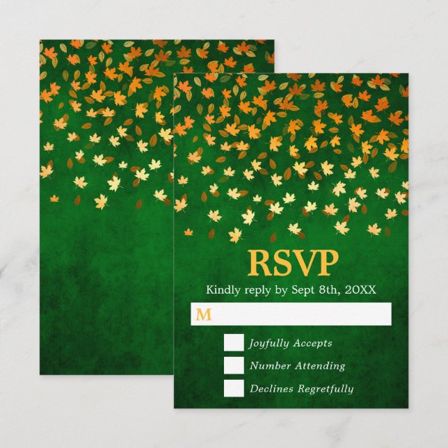 Autumn Leaves Gold and Green Grunge Wedding RSVP Card (Front/Back)