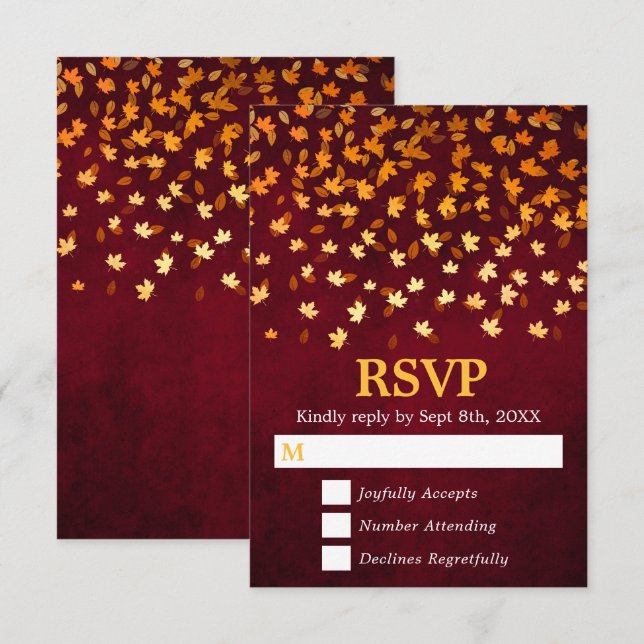 Autumn Leaves Gold and Red Grunge Wedding RSVP Card (Front/Back)