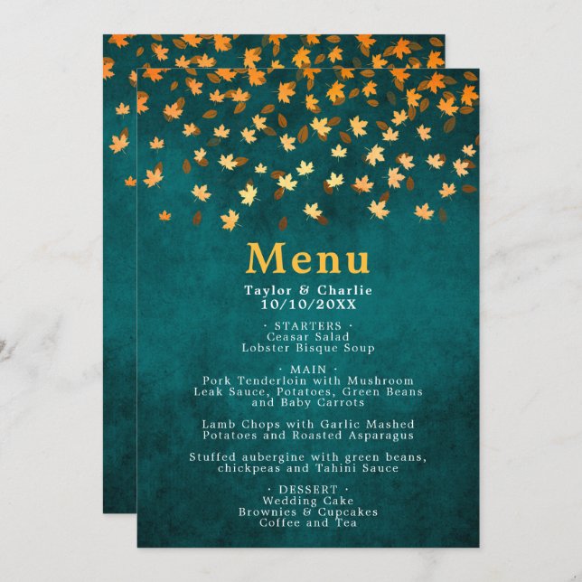 Autumn Leaves Gold and Teal Blue Wedding Menu (Front/Back)