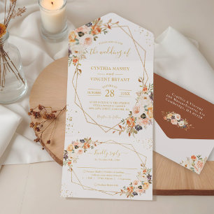 Autumn Leaves Gold Floral Geometric Wedding All In One Invitation