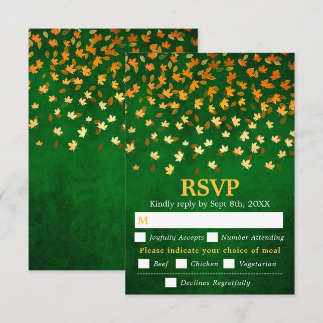 Autumn Leaves Green Grunge Wedding Meal Choice RSVP Card (Front/Back)
