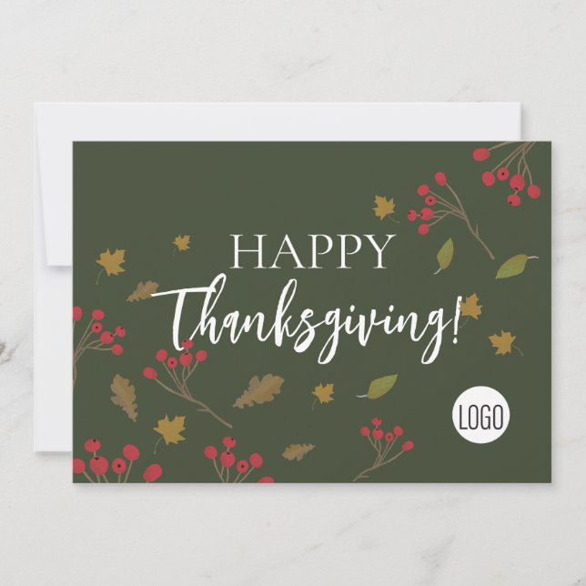 Autumn Leaves Green Happy thanksgiving Custom logo Holiday Card (Front)
