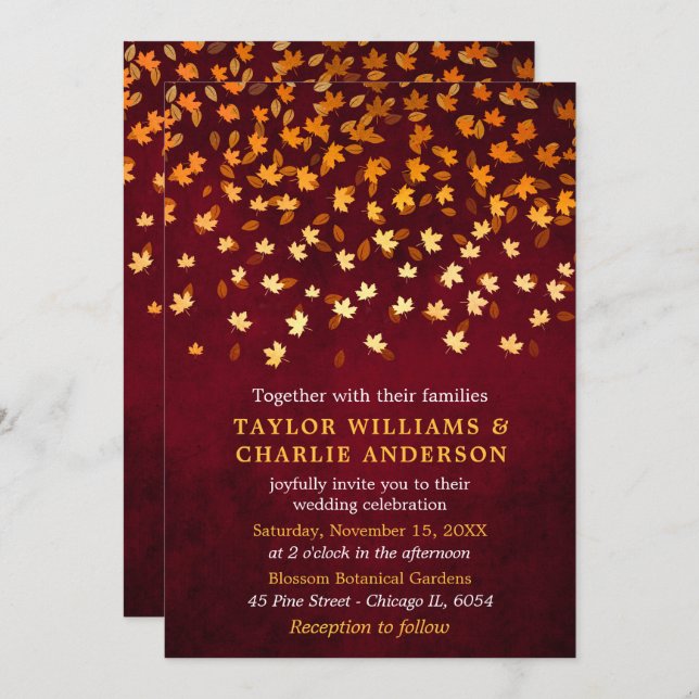 Autumn Leaves Grunge Gold and Red Wedding Invitation (Front/Back)
