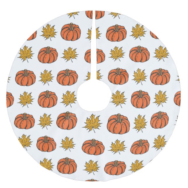Autumn Leaves: Hand-Drawn Pumpkin Pattern Brushed Polyester Tree Skirt (Front)