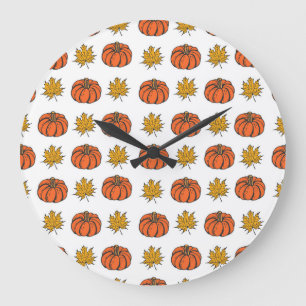 Autumn Leaves: Hand-Drawn Pumpkin Pattern Large Clock