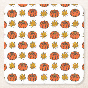 Autumn Leaves: Hand-Drawn Pumpkin Pattern Square Paper Coaster