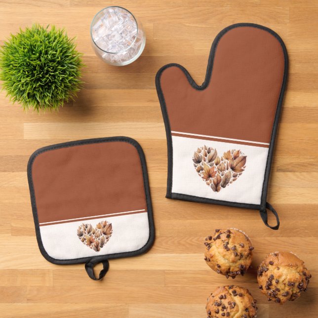 Autumn Leaves Heart Shaped Oven Mitt & Pot Holder Set (Top Down)