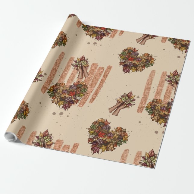 Autumn Leaves Hearts Wrapping Paper (Unrolled)