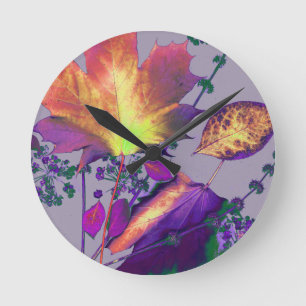 Autumn Leaves in Lilac Round Clock