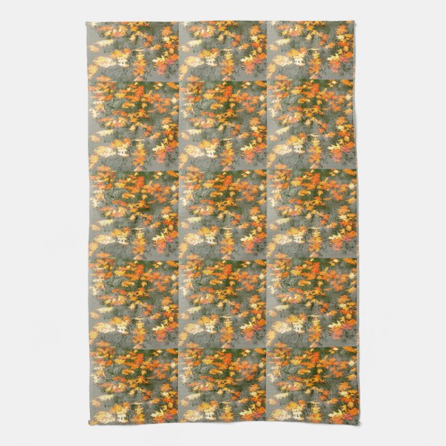 autumn leaves in rain tea towel (Vertical)