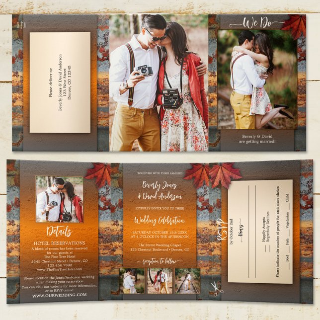 Autumn Leaves Industrial Wedding  Tri-Fold Invitation (Tri-fold wedding invitation featuring your photos framed by an industrial rustic autumn design)