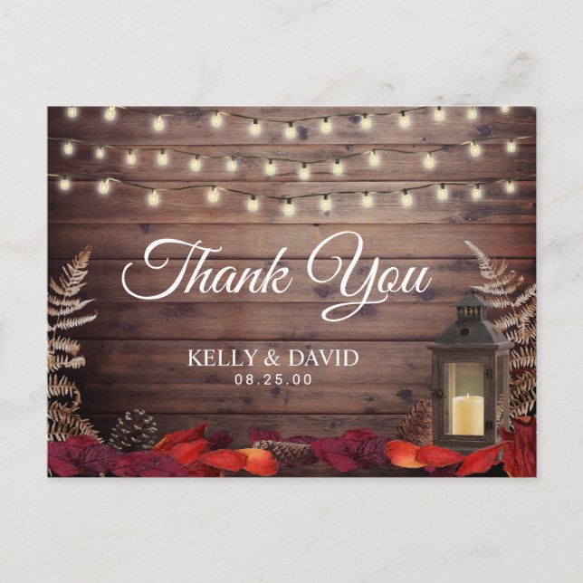 Autumn Leaves & Lantern Fall Wedding Thank You Postcard (Front)