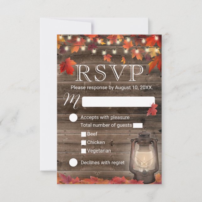 Autumn Leaves Lantern Rustic Fall Wedding RSVP Card (Front)