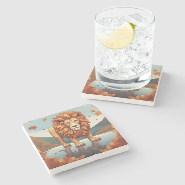 Autumn Leaves Male Lion Stone Coaster (Side)