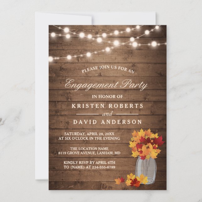 Autumn Leaves Mason Jar Rustic Engagement Party Invitation (Front)
