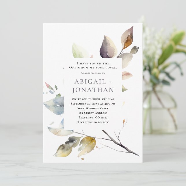 Autumn Leaves Modern Christian Bible Wedding Invitation (Standing Front)