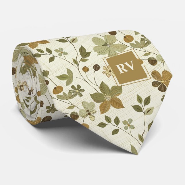 Autumn Leaves Modern Floral Monogram Tie (Rolled)