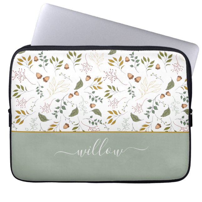 Autumn Leaves Monogram Name Modern Laptop Sleeve (Front)