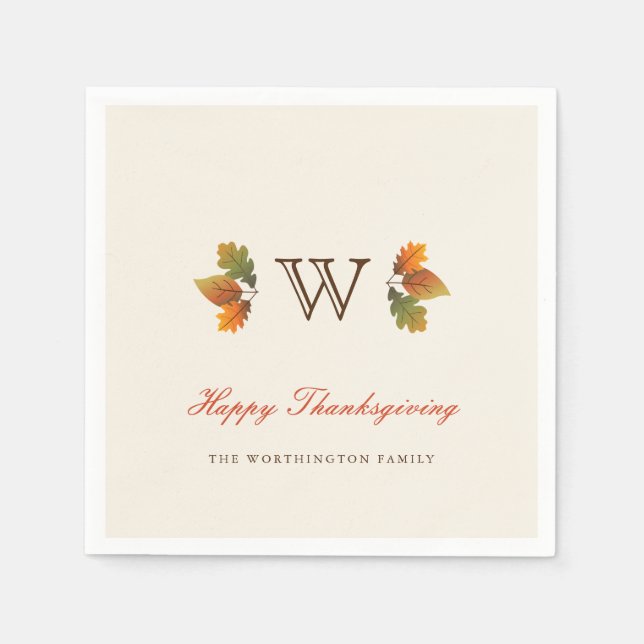 Autumn Leaves Monogram Thanksgiving Party Paper Napkin (Front)