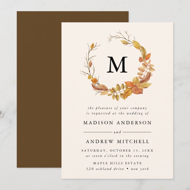Autumn Leaves | Monogram Wedding Invitation (Front/Back)