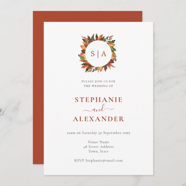 Autumn Leaves Monogram Wedding Invitation (Front/Back)