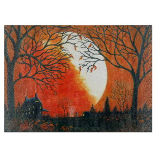 Autumn,leaves,moon,barn,house,owl Cutting Board