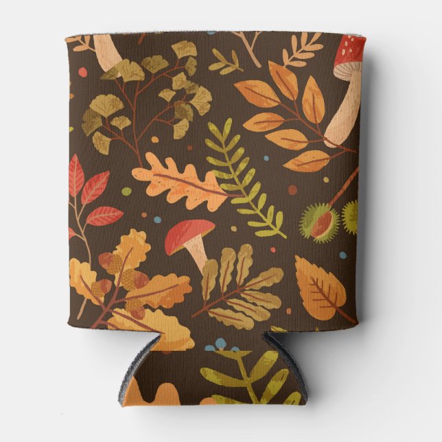 Autumn Leaves Mushrooms Vintage Pattern Can Cooler (Front)