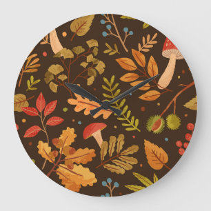 Autumn Leaves Mushrooms Vintage Pattern Large Clock