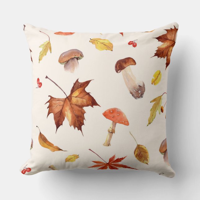 Autumn Leaves & Mushrooms Watercolor Cushion (Front)