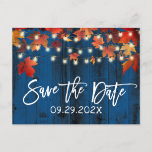 Autumn Leaves Navy Barn Fall Wedding Save the Date Announcement Postcard
