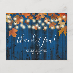 Autumn Leaves Navy Barn Fall Wedding Thank You Postcard