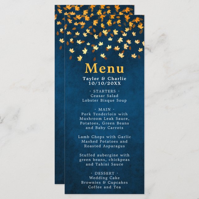 Autumn Leaves Navy Blue and Gold Wedding Menu (Front/Back)