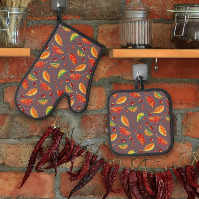  Autumn Leaves Nuts Chestnuts Pattern Elegant Fall Oven Mitt & Pot Holder Set (Creator Uploaded)