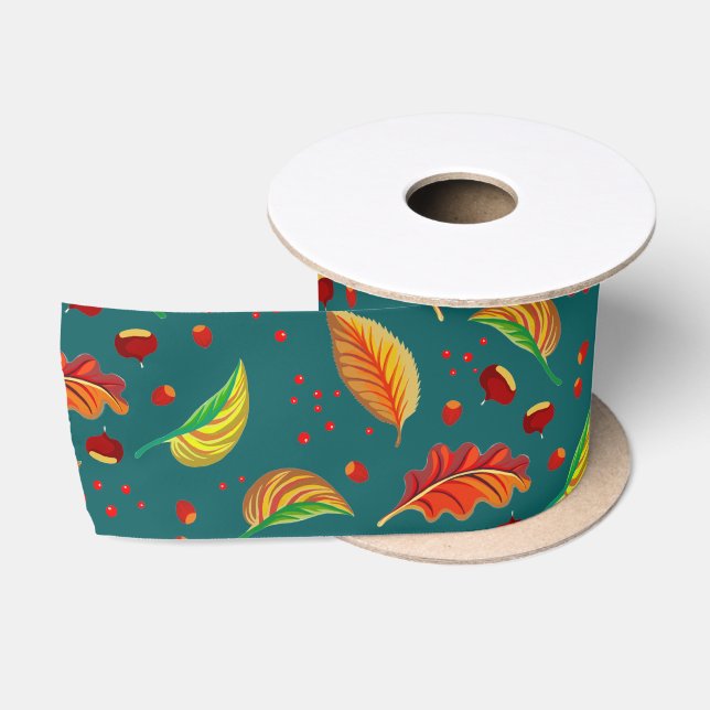  Autumn Leaves Nuts Chestnuts Pattern Elegant Fall Satin Ribbon (Spool)