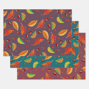  Autumn Leaves Nuts Chestnuts Pattern Elegant Fall Wrapping Paper Sheet