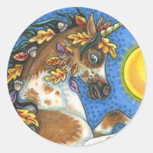 AUTUMN LEAVES ON A UNICORN STALLION, REARING HORSE CLASSIC ROUND STICKER