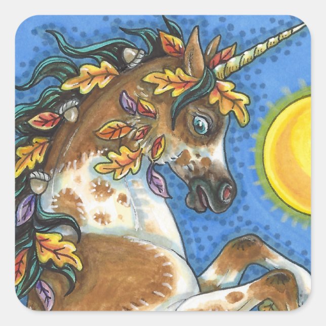 AUTUMN LEAVES ON A UNICORN STALLION, REARING HORSE SQUARE STICKER (Front)