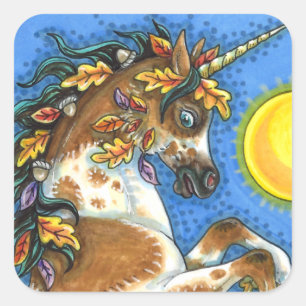 AUTUMN LEAVES ON A UNICORN STALLION, REARING HORSE SQUARE STICKER