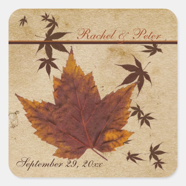 Autumn Leaves on Aged Paper Square Wedding Sticker (Front)