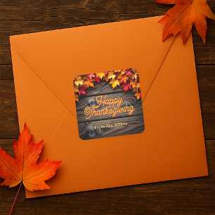 Autumn Leaves on Rustic Wood Happy Thanksgiving Square Sticker