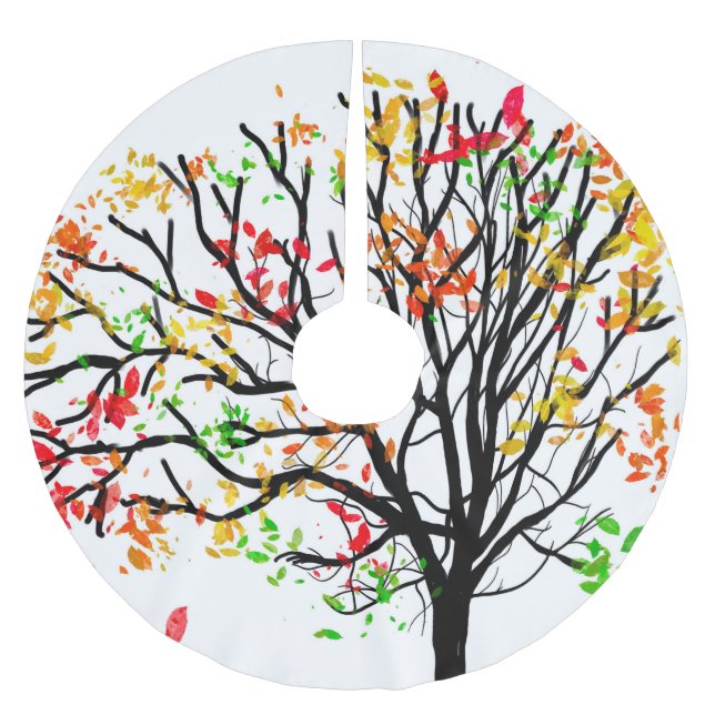 Autumn leaves on silhouette tree brushed polyester tree skirt (Front)