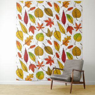 Autumn leaves on white tapestry