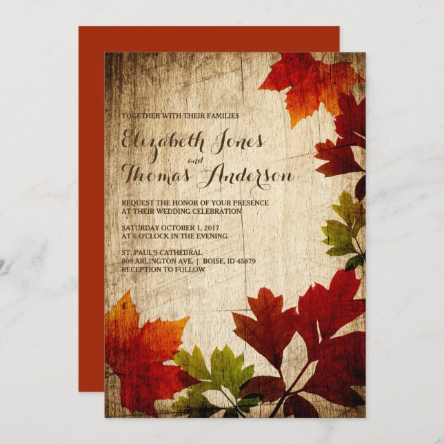 Autumn Leaves on Wood Rustic Fall Wedding Invitation (Front/Back)