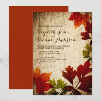 Autumn Leaves on Wood Rustic Fall Wedding Invitation