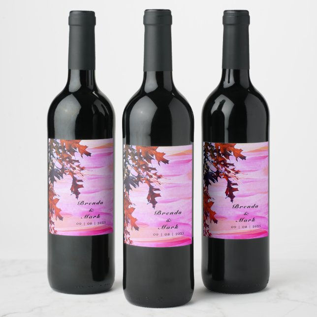 Autumn Leaves Orange Pink Swirl Wedding Party Wine Label (Bottles)