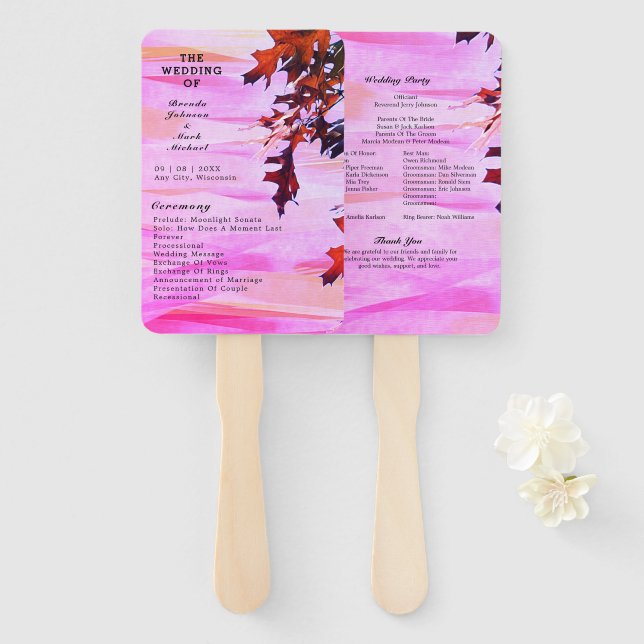 Autumn Leaves Orange Pink Swirl Wedding Program Hand Fan (Front and Back)